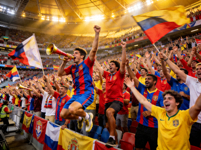 看台上身穿不同球衣的球迷们热情欢呼的宏大场面